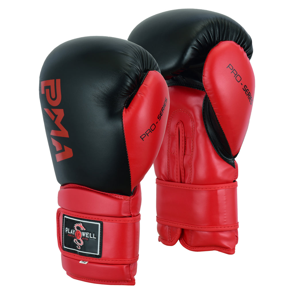 Playwell Pro Series Boxing Gloves   - Black/Red - FREE WRAPS - 14 oz image