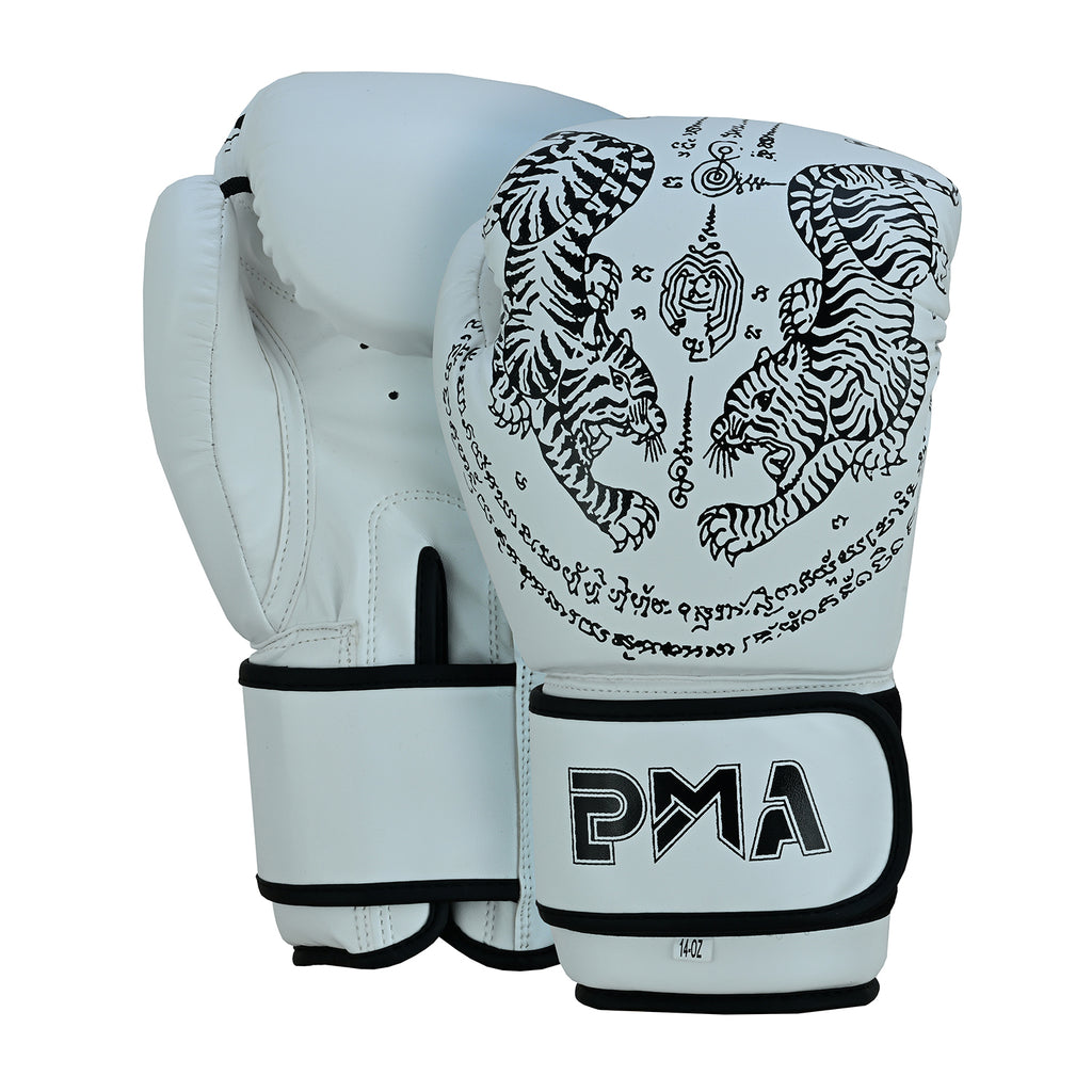 Twin Tigers Muay Thai Boxing Gloves, Shin Pads & Shorts - White
